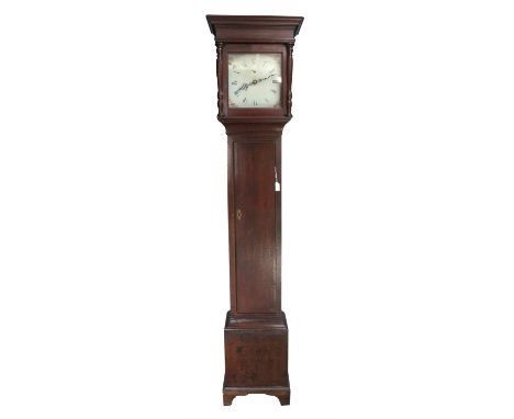 18th century 30 hour oak longcase clock, square painted dial with Roman numerals and subsidiary seconds dial, striking a bell