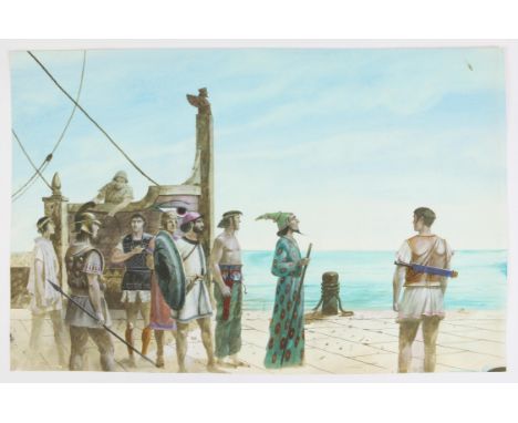 Paul Birkbeck 1939-2019, Greek figures on a landing stage, 35 x 34 cms, not signed,ABOUT PAUL BIRKBECK; an appreciation, writ