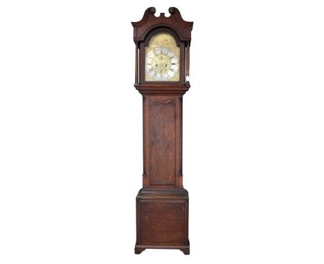 George III oak eight day longcase clock, the swan neck hood over a brass dial with associated arch, scrolling spandrels, and 
