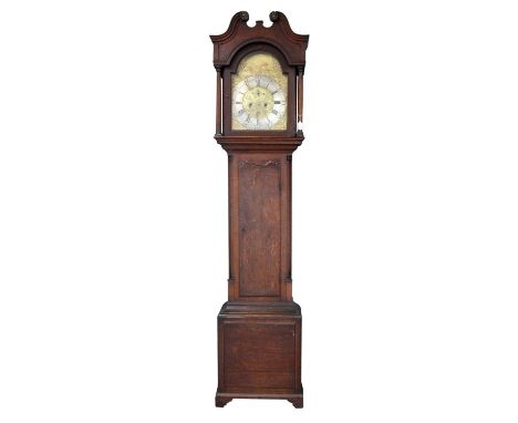 George III oak eight day longcase clock, the swan neck hood over a brass dial with associated arch, scrolling spandrels, and 