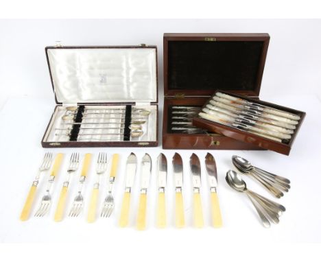 Various silver plated flatware, plated chocolate pot, pewter jug, glass marmalade pots, silver plated rectangular tray, a cas