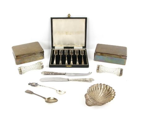 Silver shell form butter dish, inscribed June 18th 1919 - 1945, 12 cm long, a cased set of six silver cake forks, two silver 