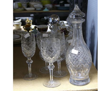 Waterford Glass ships decanter, H25 cm, two other Waterford Glass decanters, two red wine goblets and two white wine goblets,