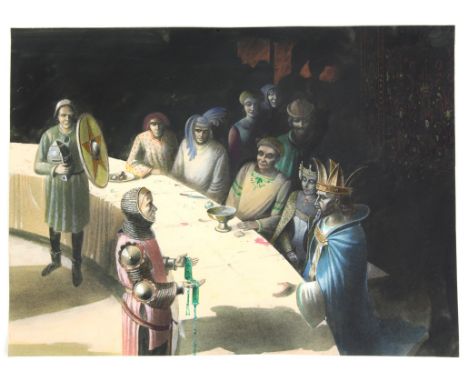 For The British Council, Gawain and the Green Knight (JRR Tolkein), ill, Paul Birkbeck 1939-2019,  Gawain showing the green b