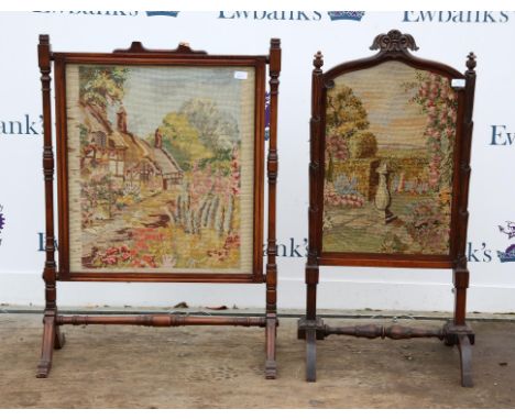 Victorian carved walnut fire screen, the woolwork tapestry rising panel within carved supports and bracket feet, H102 W53 cm,