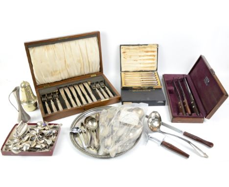 Set of six silver-plated fish knives and forks by Mappin & Webb, in an oak case, various other silver-plated flat ware, circu