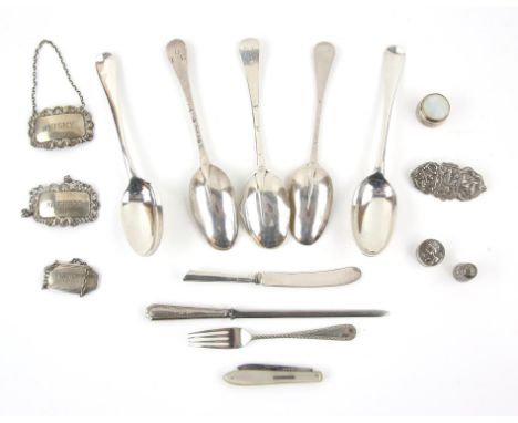 Three early 18th century rat tail silver spoons, marks rubbed, a pair of rat tail spoons, unmarked, a small pill box with emb