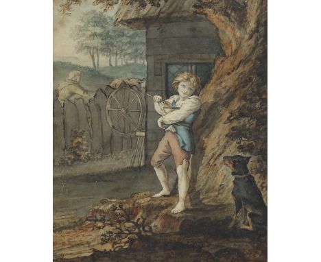 19th century English School. Portrait of a boy by a tree eating from a bowl, his dog beside him. Watercolour, appears unsigne