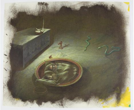 BBC Zig Zag, Ancient myths, Paul Birkbeck 1939-2019,  Twins in a basket about to be attacked by two green snakes, 34 x 45 cms