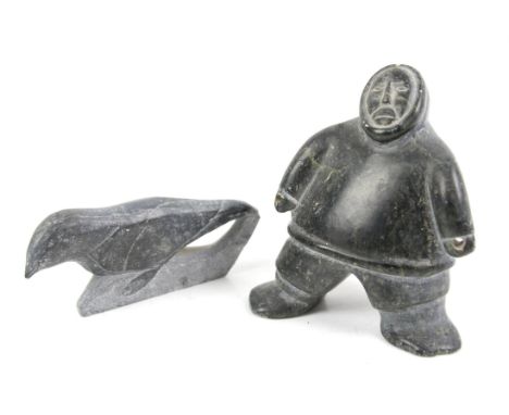 Canadian 'Eskimo Art' stone figure of an Eskimo, 12 cm high, and another of a bird, both labelled on the base (2)