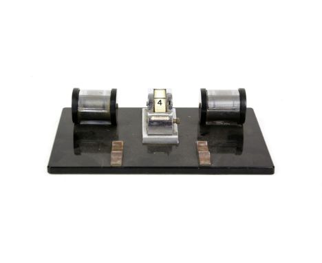 Art Deco ink stand with cylindrical engine turned ink wells calendar, and pen tray, 28 x 17 cm