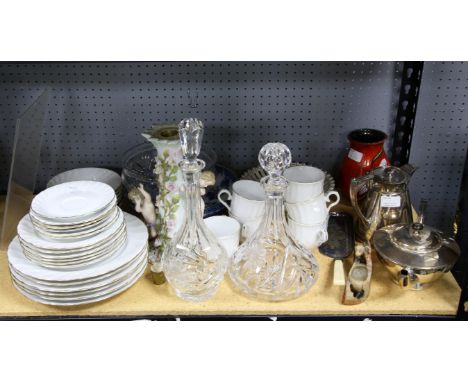 Two decanters, fruit bowl, part dinner service, plated items, cherub candlestick and a soap stone ornament