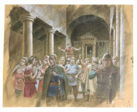BBC Zig Zag, The sword in the stone, ill, Paul Birkbeck 1939-2019, an adaption of the novel by T H White, Figures in a church