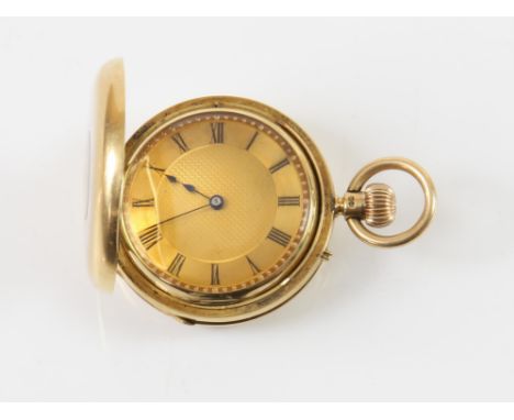 J W Benson half hunter pocket watch, with an engine turned gold dial, and enamelling detail to the outer case over the Roman 