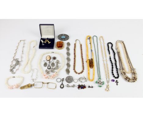 Selection of silver and costume jewellery, including two charm bracelets with multiple charms, pendants and  brooches, three 