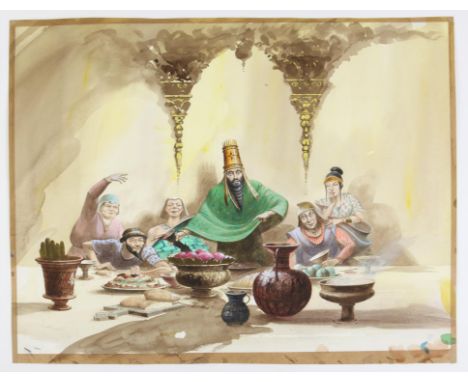 BBC Zig Zag, Greek myths, Paul Birkbeck 1939-2019, King Polyphemus at a banquet with other figures,  33 x 41 cms, not signed,