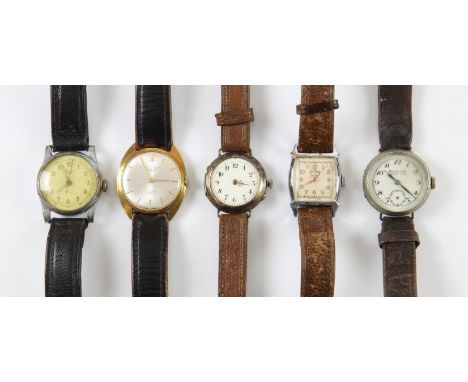 Five watches, including, a silver 'Cylindre Go Rubis', reference 11663, on a leather strap, a 'Repmeter' in nickle, on a leat