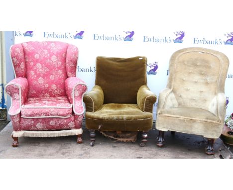 Victorian button back fire side chair, with lobed feet, a late Victorian upholstered lounge chair with turned legs and castor