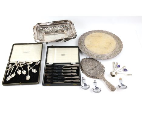 Victorian silver hand mirror with pierced cherub border, Birmingham 1898, cased set of six silver coffee spoons and six demit