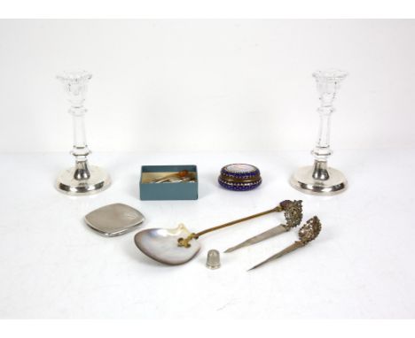 Antique silver wine label for Sherry, various silver and other snuff and mustard spoons, a silver thimble (cased), an enamel 