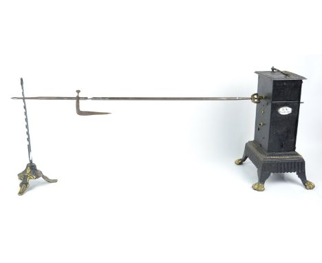 19th century French Napoleon III cast iron rotisserie / roasting spit with clockwork motor, white enamel plaque C. A. Qualite
