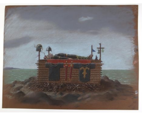 For Case TV, The Story of Beowulf illustrated by Paul Birkbeck 1939-2019, Beowulf lying on his funeral bier, 48 x 60 cms.. no