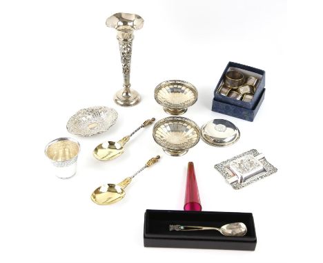 Flynn Silver (Australian) Lyre Bird tea spoon, boxed, pierced silver trumpet vase with cranberry glass insert, Birmingham 191