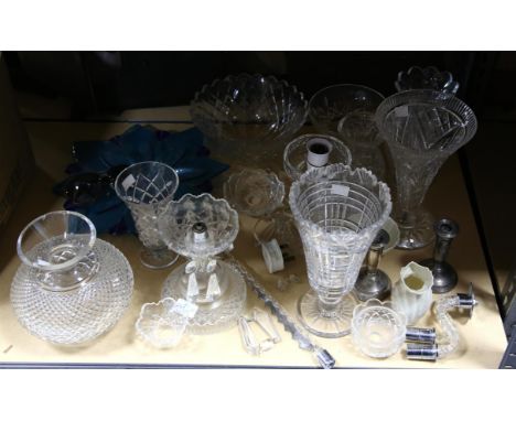 Waterford Glass candelabra, with spire and pendants, H 50 cm, Waterford Glass lampshade (chip to rim), two Waterford Glass va
