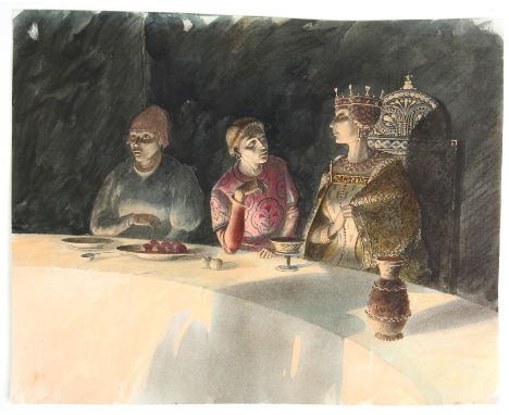 For The British Council, Gawain and the Green Knight (JRR Tolkein), ill, Paul Birkbeck 1939-2019,  Queen Guinevere talking to