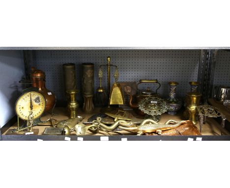 Copper, brass and other metal ware to include Arts and Crafts style copper jug, pair of Chinese cloisonné vases, trench art a