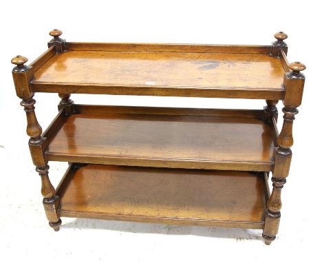 Victorian mahogany whatnot or buffet, the rectangular top with turned finial over two shelves, on baluster supports and turne
