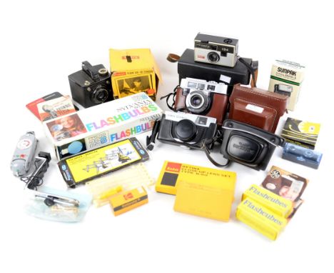 Collection of cameras and camera accessories, to include Kodak Motormatic 35F camera in leather case, Olympus Quickmatic in c