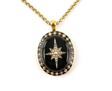 Victorian mourning seed pearl and black enamel pendant, testing as 15 ct, 5.4 x 3.6cm, with glazed hair work panel to the rev