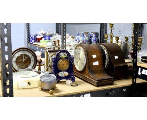 Smiths dashboard clock, electric wall clock, five mantel clocks and a pair of candelabra
