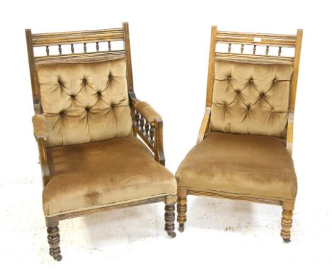 Pair of early 20th century walnut lady's and gent's chairs, with spindle top rails and button backs, on ring turned tapering 