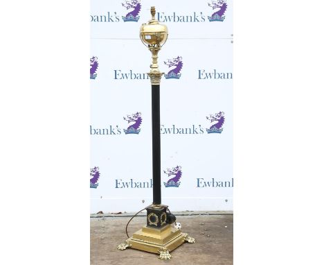 Victorian brass and blacked metal oil standard lamp, converted to electricity, the adjustable stem on a Corinthian column and