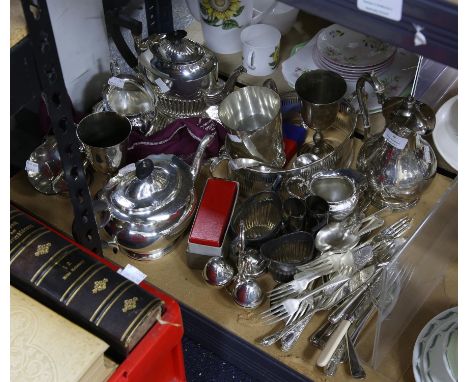 Large collection of silver plate, including tea service, tray, salver, flatware and other items