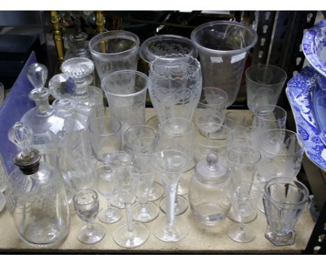 Silver mounted decanter (non matching stopper), four other decanters and various etched glassware to include cordial glassesC