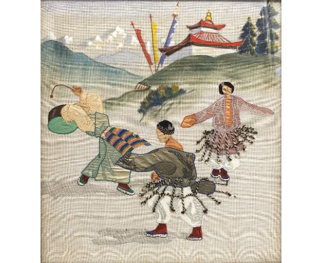 Vintage Chinese School. Skaters on a lake, a pagoda above and mountains beyond. Silk and woolwork with painted elements. Thou