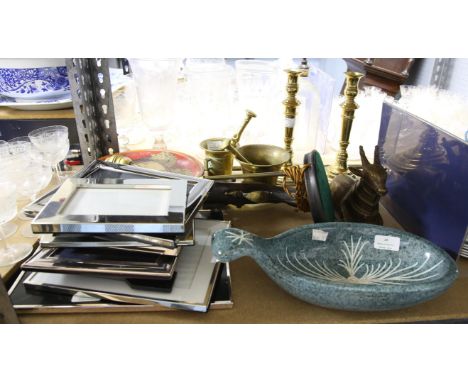 Charles Voltz of Vallauris ceramic bowl, 34 cm long, eight photograph frames, two brass pestles and mortars, pair of brass ca