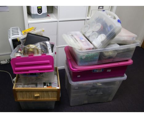 Six large boxes, containing a large collection of gemstone and plastic beads, findings, wire, jewellery making equipment and 