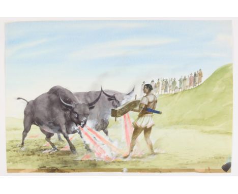 Paul Birkbeck 1939-2019, figure yoking two fierce oxen, 35 x 53 cms.. not signed, ABOUT PAUL BIRKBECK; an appreciation, writt