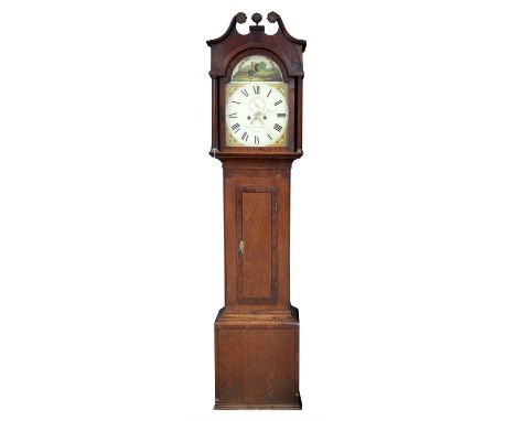 Early 19th century oak and mahogany eight day longcase clock, the swan neck hood over a painted dial with hunting scene in th