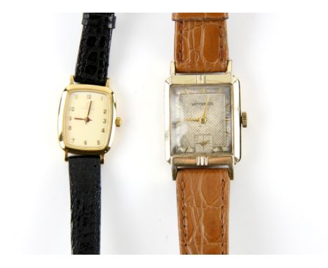 Longines-Witnauer watch company, a ladies gold filled wristwatch in tank case, the signed engine turned dial with baton hour 