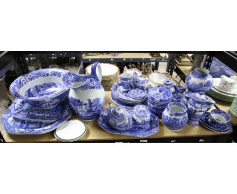 Large collection of Spode Italian blue and white china, to include. jug, wash bowl, vases, dishes, jars and covers etc.,