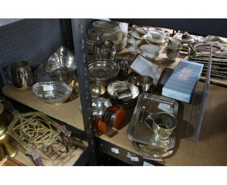 Part shelf, silver plated and other items to include pierced bread basket, tray, and bottle coasters