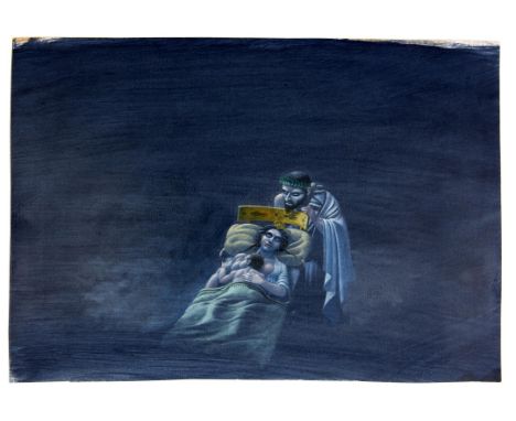 Paul Birkbeck 1939-2019, Classical Greek male figure by a bed with a sleeping woman and child,  38 x 55 cms, not signed,ABOUT