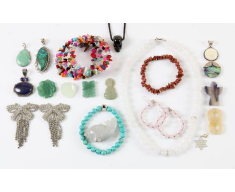 A mixed group of items, including two Butler and Wilson bows, silver lapis lazuli pendant, other gem set pendants, multi gem 