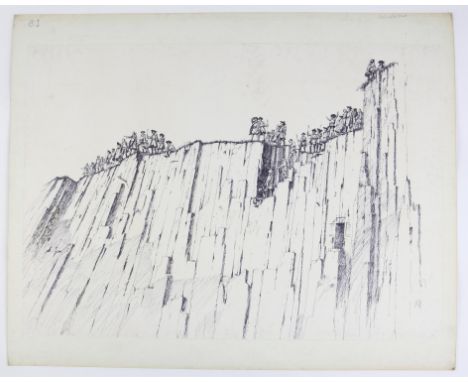 Gulliver in Lilliput, ill. Paul Birkbeck 1939-2019, written by  Jonathan Swift, Lilliputians crowding on the cliffs, pen and 