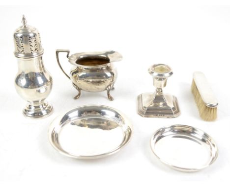 Silver cream jug, Walker & Hall Sheffield, H8.5 cm,  sugar caster, Birmingham H 16cm, candlestick, clothes brush and two pin 